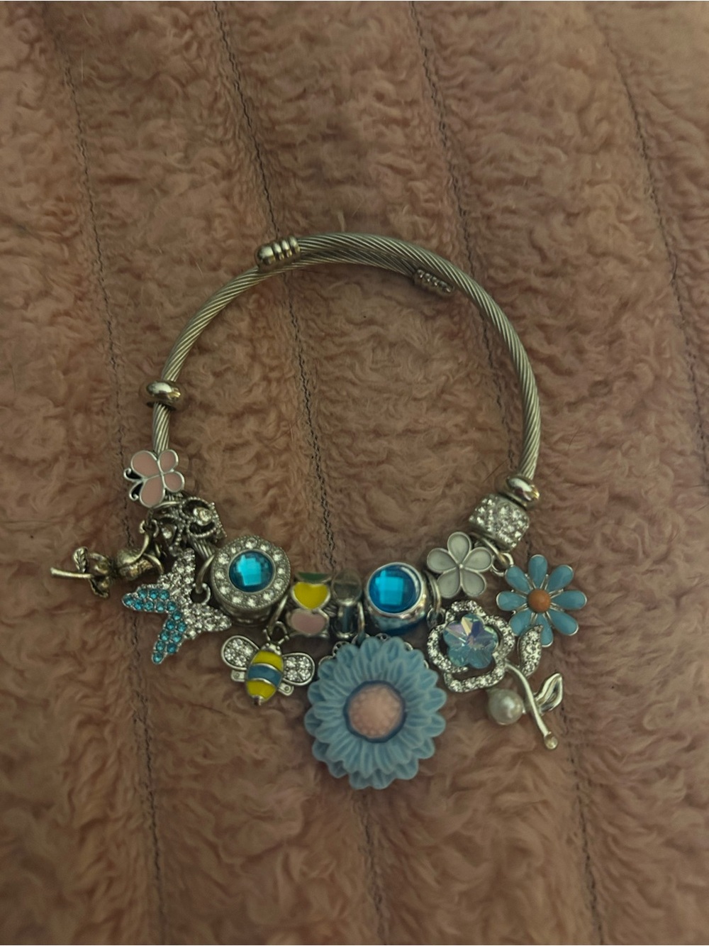 Silver Charm Bracelet with Blue Flower and Turquoise Accents - Women Jewelry